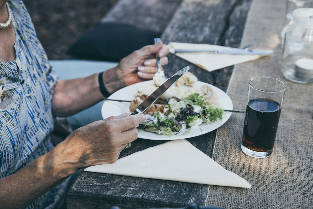 elderly couple eating healthy meal