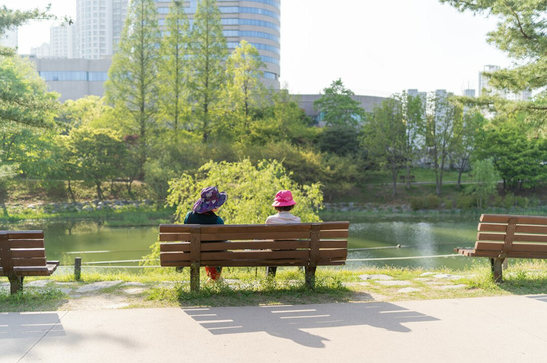 Two smiling Japanese seniors chatting together outdoors on a sunny park bench